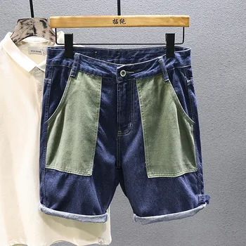 Дънкови къси панталони в стил мозайка в стил Харадзюку, мъжки 2023, Нови летни Преки Свободни Японски модни къси дънки с джобове, мъжки градинска облекло