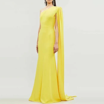 Вечерна рокля от Дубай, жълто, с ръкав-плащом на едно рамо, вечерни рокли на русалка за жени, 2024, елегантни сватбени рокли за гости, тромпет