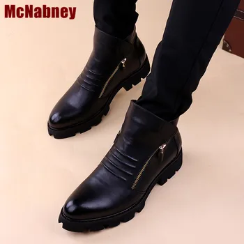 Мъжки корейската версия на модни кожени обувки за стилисти с остри пръсти, къси ботуши, британски високи ботуши, черни модни обувки с цип отстрани