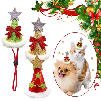 Коледно Дърво за Украса за Рожден Ден на домашен любимец, Шапка с лък, Коледна Шапка, Аксесоари за кучета, декорации за малки кученца, Новост 2023 година