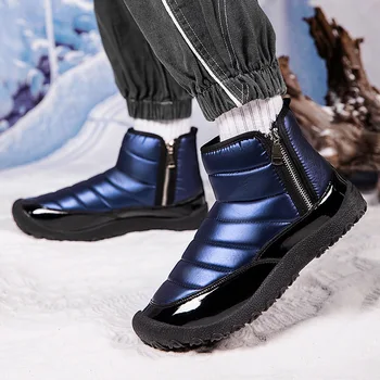 Непромокаеми зимни обувки от перо тъкан, мъжки зимни обувки с двоен цип, топла, с високо берцем, плюшени, за разходки, удебелена зимни памучен обувки с дрямка