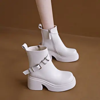 Зимни обувки, дамски обувки, луксозни дизайнерски обувки на плоска подметка с цип, дамски модни есенни кожени обувки до средата на прасците 2023 година