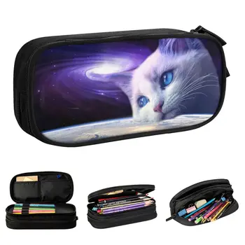 Молив случай Cosmic Cat Galaxy Space Забавни Пеналы Дръжка Детски Голяма чанта за съхранение на Училищни принадлежности Канцеларски принадлежности с цип
