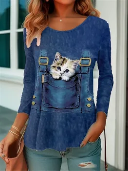 Дамски модни свободна есенна тениска с изображение на котка в ретро стил с кръгло деколте и дълъг ръкав, дизайнерски топ, дамски пуловер с дълъг ръкав