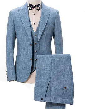 Сини мъжки костюми Homme, ленено сако, жилетка, панталони, сватбен смокинг за младоженеца-3 предмет, Оборудвана смокинг Terno Masculino
