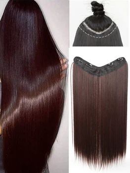 Синтетичен Дълга права, V-образно перука за коса разширения 24 ИНЧА Натурален черно-кафяв, 4 затягане на едно парче